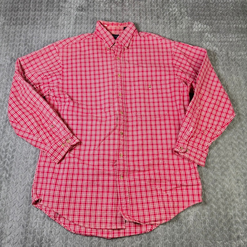 Lands End Mens Light Red/White Plaid Button Down Long Sleeve Shirt Pocket Tall L